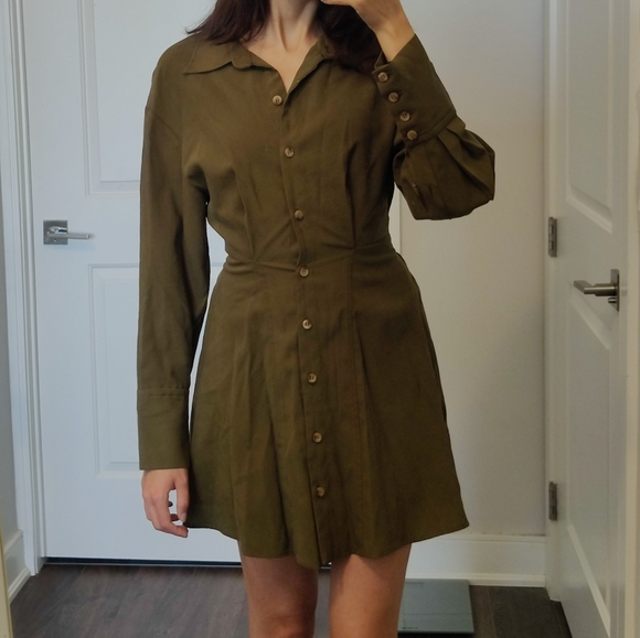 NWT ZARA belted longsleeve button up shirt dress in khaki green - Picture 6 of 10